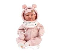 Llorens 1018480 Tala - Muñeca de bebé con Ojos Marrones y Cuerpo Suave, Incluye Traje de Invierno Rosa Esponjoso, Chupete, Cadena para Chupete, 44 cm