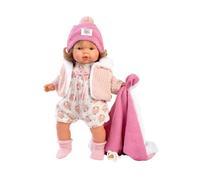 Llorens 1038572 - Muñeca Lola con Ojos Grises y Pelo Rubio, muñeca bebé de Cuerpo Suave con Traje de Punto con Sombrero y Manta Rosa, 38 cm