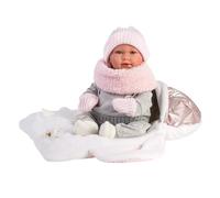 Muñeco Llorens que llora 42 cm - Recién Nacidos con sonidos de bebé - Mimi con Capazo Portabebé Metalizado - 42 cm / Cuerpo de tela con extremidades de vinilo