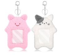 LLOUSSAK 2 soportes para tarjetas fotográficas, soporte para tarjetas de fotos de gato blanco y rosa, soporte para tarjetas fotográficas Kpop con llavero, bonita funda protectora de felpa para tarjeta