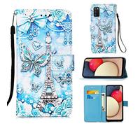 LLSHN Funda para Samsung Galaxy A02S, Color PU Cuero Case Flip Protectora Cover con Soporte, Ranuras para Tarjetas Cierre Magnético Billetera Tapa Carcasa para Samsung Galaxy A02S, Torre de Mariposas