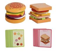 LLTCMYGS Juego de Comida de Madera para Jugar a Fingir, Juguete Montessori de Apilamiento de Hamburguesas y Sándwiches con Menú y Tarjetas de Fórmula