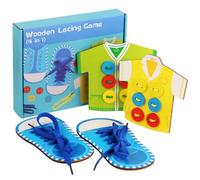 LLTCMYGS Juego de Enhebrado de Madera Montessori 4 en 1, Juguete para Aprender a Abotonar y Atar Zapatos para Niños Pequeños