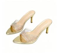 LLXYYD Mules de tacón con brillantes para mujer, sandalias deslizantes de punta afilada con tacón de aguja, pantuflas transparentes con cristales y pedrería para dames(B,40 EU)