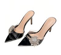 LLXYYD Mules de tacón en charol con pedrería para mujer, sandalias de punta afilada con tacón de aguja y PVC transparente, zapatos de fiesta brillantes tipo deslizante(A,39 EU)