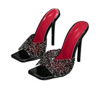 LLXYYD Mules Tacón Alto con Pedrería para Mujer, Tacones Brillantes Negros de Fiesta Plantilla Roja, Zapatos Elegantes Punta Abierta para Boda, Discoteca y Eventos Nocturnos(40 EU)