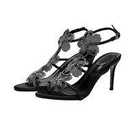 LLXYYD Tacones con Tiras Mujer, Stilettos con Tira en T Cristales, Punta Abierta y Fina Diseño Floral Pedrería(A,38 EU)