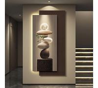 LLYLAFDC Decoración artística de pared en 3D con luces LED: Arte mural 3D de piedra apilada y luna con detalles de peces Koi - Decoración de pared moderna de estilo oriental(Brown,50 * 100cm)