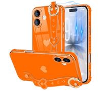 LLZ.COQUE Funda compatible con iPhone 17 con correa para mujeres y niñas [2 protectores de pantalla], bonito diseño de corazones de amor, soporte de pulsera, funda protectora de lujo con borde chapado
