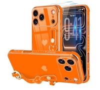 LLZ.COQUE Funda compatible con iPhone 17 Pro con correa para mujeres y niñas [2 protectores de pantalla], bonito diseño de corazones de amor, soporte de pulsera, funda protectora de borde chapado de