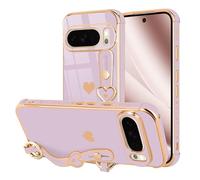 LLZ.COQUE Funda para Google Pixel 10/10 Pro, diseño de corazón lindo con lujoso diseño chapado en oro, correa de mano ajustable, a prueba de golpes, para niñas y mujeres, para Google Pixel 10/10 Pro