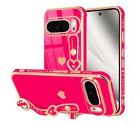 LLZ.COQUE Funda para Google Pixel 10/10 Pro, diseño de corazón lindo con lujoso diseño chapado en oro, correa de mano ajustable, a prueba de golpes, para niñas y mujeres, para Google Pixel 10/10 Pro