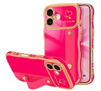 LLZ.COQUE Funda para iPhone 17 para mujeres y niñas con correa, marco ondulado, chapado en corazón, funda de soporte de lujo, funda protectora de silicona suave para cámara completa, rosa intenso