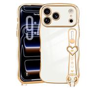 LLZ.COQUE Funda para iPhone 17 Pro Max para mujeres y niñas, correa de marco ondulado, bonito corazón de amor, cubierta chapada de lujo, protección de cámara elevada, a prueba de golpes, funda de