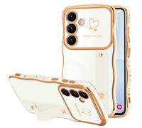 LLZ.COQUE Funda para Samsung Galaxy A36/A56, marco ondulado con corazón rizado con diseño de lujo chapado en oro, correa de mano ajustable, soporte a prueba de golpes, para niñas y mujeres, color