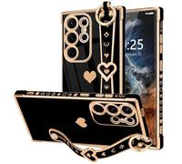 LLZ.COQUE Funda para Samsung Galaxy S22 Ultra, bonita correa chapada en corazón para mujeres y niñas, protección de cámara de silicona brillante, a prueba de golpes, funda para teléfono Samsung Galaxy