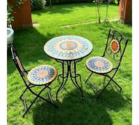 LLZJDDPLY Conjunto Bistró Mosaico 3 Piezas, Mesa Redonda Hierro Forjado 65cm con 2 Sillas Plegables, Muebles De Jardín Resistentes Al Clima para Balcón Jardín Patio(Black)