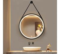 LLZJDDPLY Espejo Baño con Luz, Espejo Led Baño con Luces Regulables de 3 Colores, Espelho Maquilhagem con Luz, Cordón Ajustable de Cuero Sintético para Colgar, para Baño y Dormitorio(Black,60cm/24in)