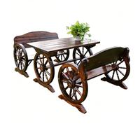 LLZJDDPLY Juego de Mesa de Comedor de Pino Macizo con Rueda de Carro rústica, mobiliario de Patio Resistente con 2 Bancos con Respaldo para jardín, Porche, Patio y cafetería(120cm/47on)