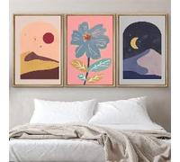 LMAIWANG Cuadro de pared en lienzo con estampado de sol y luna con flores, estilo moderno de mediados de siglo, decoración bohemia neutra para sala de estar (70x100cm x 3/marco)
