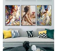 LMAIWANG Póster abstracto con diseño de violín, música, niña y mujer, pintura al óleo sobre lienzo, arte de pared para decoración de sala de estar (60 x 90 cm x 3/marco)
