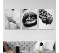 LMAIWANG Póster de moda para mujer en blanco y negro con estampado de leopardo y diamantes, arte de labios para chicas, pintura sobre lienzo (80x120cmx3/sin marco)