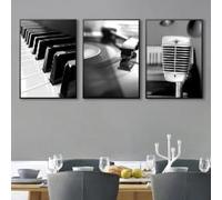 LMAIWANG Póster de música abstracta en lienzo, blanco y negro, con micrófono de piano, cuadro de pared, decoración del hogar (70 x 100 cm x 3 cm/marco interior)