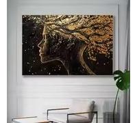 LMAIWANG Retrato surrealista abstracto de mujer, lienzo, pósteres artísticos, rostro femenino negro y dorado, decoración moderna para pared del hogar (50 x 70 cm/sin marco)