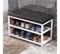 LMMIAOZ Banco Zapatero para Entrada con Asiento Acolchado, 3 Niveles de Almacenamiento, Estante de Metal, Taburete Cambiador para Pasillo, Cuero H, 70 x 45 x 30 cm (28 x 18 x 12