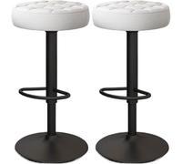 LMMSHA Bar Stools Set of 2 Comfy PU Leather Counter Height with Round Seat Adjustable Swivel Backless Bar-stools Tall(White,Black Legs)