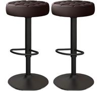 LMMSHA Bar Stools Set of 2 Comfy PU Leather Counter Height with Round Seat Adjustable Swivel Backless Bar-stools Tall(Brown,Black Legs)