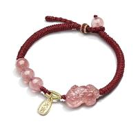 LMMSHA Feng Shui Bracelet,Obsidian Bracelet Feng Shui Wealth Bracelet Strawberry Quartz Charm Endless Love Knot Stone Bangle Chakra Balancing Gems Prosperity Money Windfall for Couples