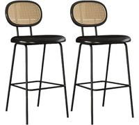 LMMSHA Rattan Bar Stools Set of 2 Counter Height with Back and Metal Legs Upholstered Faux Leather Bar-stools for(Black PU Leather,65cm/25.5inch)