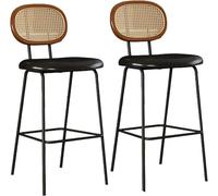 LMMSHA Rattan Bar Stools Set of 2 Counter Height with Back and Metal Legs Upholstered Faux Leather Bar-stools for(Brown PU Leather,70cm/27.5inch)