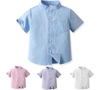 LMMSHA Short Sleeve Top Stand Collar Kids Button Down Shirt Summer Little Big Boy's Causal Shirts for 2-8 Years