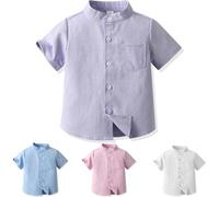 LMMSHA Short Sleeve Top Stand Collar Kids Button Down Shirt Summer Little Big Boy's Causal Shirts for 2-8 Years