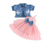 LMMSHA Toddler with Puffy Sleeves Denim Blue Jacket Set 2PCS Little Girls Sleeveless Tulle Tutu Dress Short Sleeve Polka Dot Ruffle Coat Top Outfits