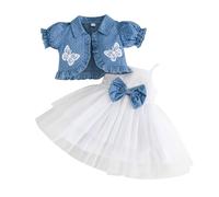 LMMSHA Toddler with Puffy Sleeves Denim Blue Jacket Set 2PCS Little Girls Sleeveless Tulle Tutu Dress Short Sleeve Polka Dot Ruffle Coat Top Outfits