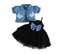 LMMSHA Toddler with Puffy Sleeves Denim Blue Jacket Set 2PCS Little Girls Sleeveless Tulle Tutu Dress Short Sleeve Polka Dot Ruffle Coat Top Outfits