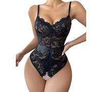 LMMSHA Women's See Through Bodycon, Sheer Fishnet Bodysuit with Bowtie Waistband, Soft Lace Suspender Spaghetti Jumpsuit Underwired Bra Ladies Slim Fit Underweaar Black