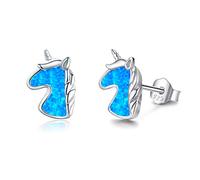 LMMSHX Pendientes de Unicornio de Plata de Ley S925 con ópalo Creado, Bonitos Unicornios para Mujer, Regalo de cumpleaños para Hija