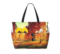 LMNvbz Bolsa de playa grande con estampado de escena otoñal con cremallera y bolsillo húmedo, bolsas de viaje plegables impermeables para mujer, para piscina, crucero y natación