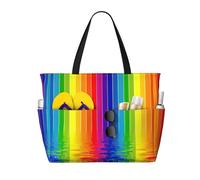 LMNvbz Bolsa de playa grande con estampado de rayas arcoíris con cremallera y bolsillo húmedo, bolsas de viaje plegables impermeables para mujer, para piscina, crucero y natación