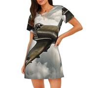LMNvbz Camisón de algodón suave con estampado de avión de la Guerra Mundial para mujer, manga corta, cuello redondo, para verano, ropa de descanso y ropa de dormir, Negro, 3XL
