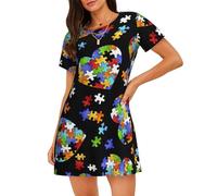 LMNvbz Camisón de manga corta con diseño de corazón y diseño de rompecabezas, para mujer, manga corta, cuello redondo, ropa de descanso y ropa de dormir de verano, Negro, 3XL