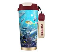 LMNvbz Colorida taza de café aislada de acero inoxidable 316 con diseño de paisaje del mar bajo el agua de peces tropicales, tapa al vacío, taza de té de viaje que mantiene el calor y el frío