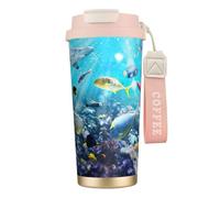 LMNvbz Colorida taza de café aislada de acero inoxidable 316 con diseño de paisaje del mar bajo el agua de peces tropicales, tapa al vacío, taza de té de viaje que mantiene el calor y el frío