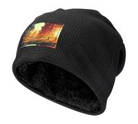 Lmnvbz Gorro de punto gofre cálido con estampado de escena otoñal, gorro de punto gofre, gorro holgado con forro polar suave, sombreros clásicos de calavera gruesa para hombres y mujeres, Negro, Talla