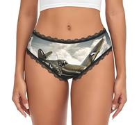 LMNvbz Ropa interior con estampado de avión de la Guerra Mundial para mujer, con encaje, suaves, transpirables, cobertura completa, calzoncillos elásticos para un uso diario cómodo, Negro, L