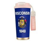 LMNvbz Taza de café aislada de acero inoxidable 316 con la bandera del estado de Wisconsin, tapa al vacío, taza de té de viaje que mantiene el calor y el frío